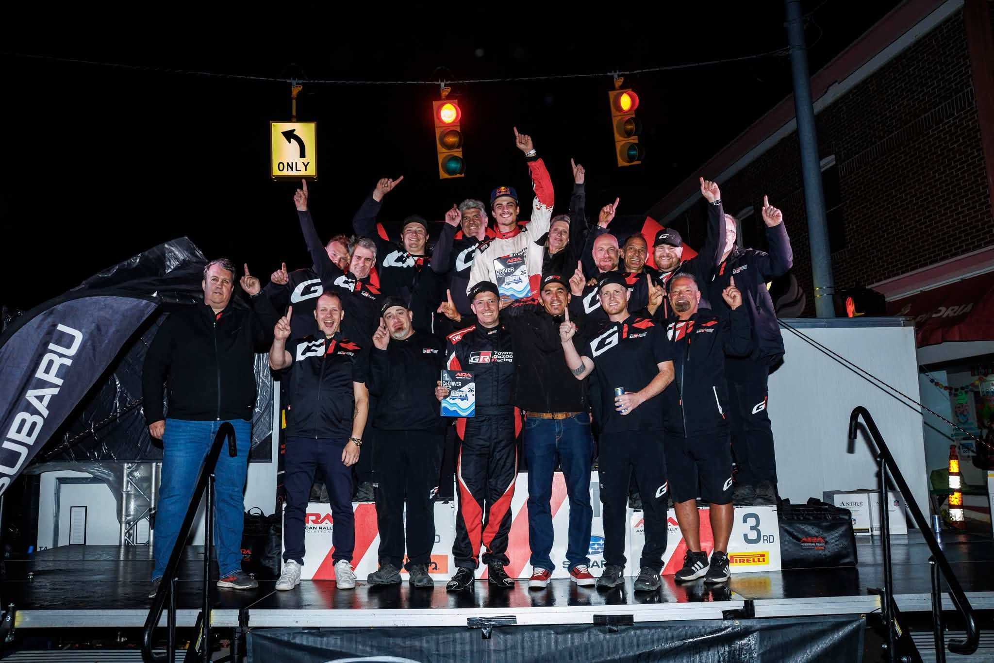 Seth Quintero and the TOYOTA GAZOO Racing team celebrating the ARA title on the podium