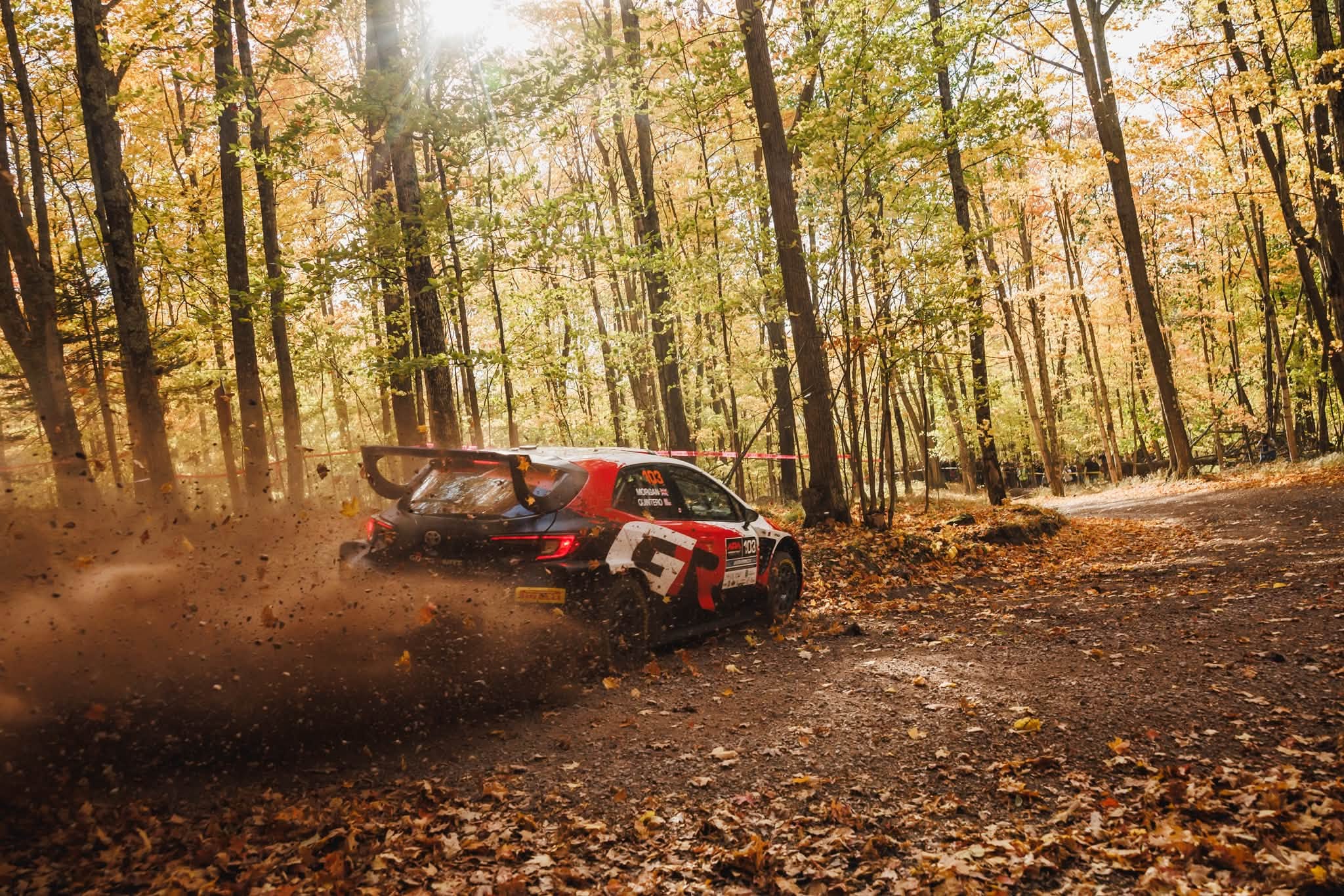 Seth Quintero’s Toyota kicking up leaves through a forest stage