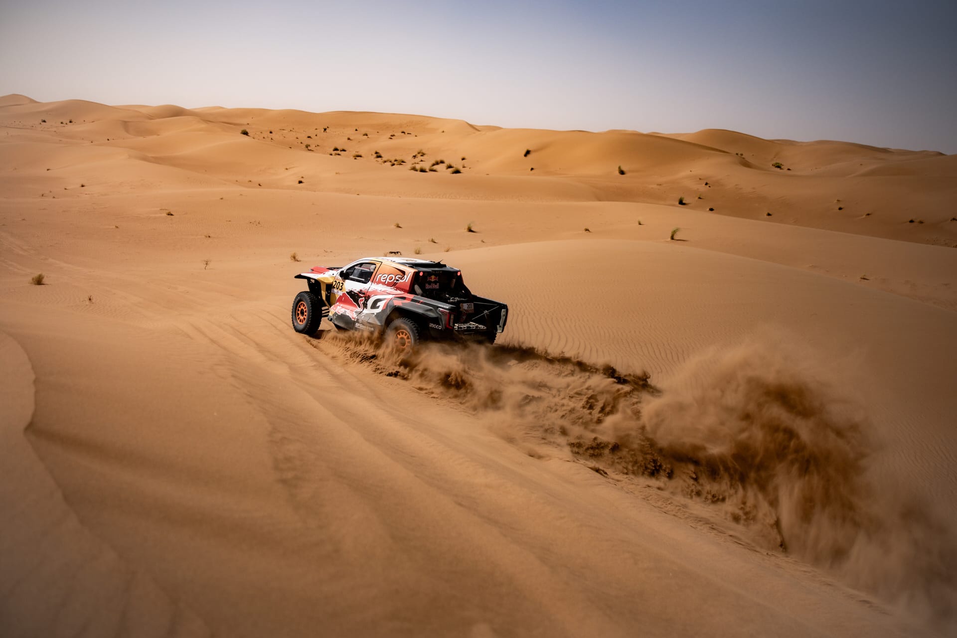 Seth Quintero’s Toyota Hilux kicking up sand through the Moroccan dunes