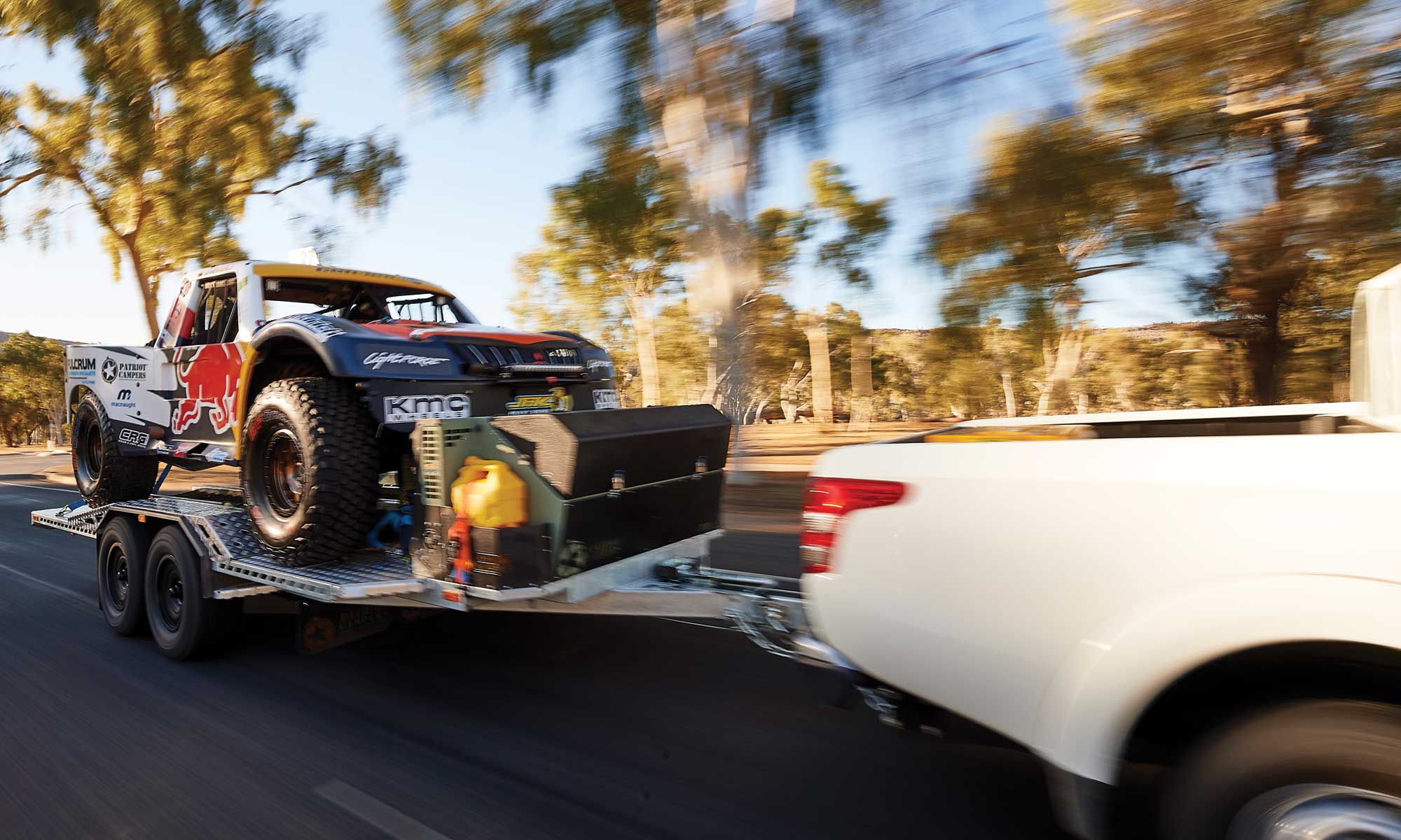 Trophy Truck being towed through Alice Springs