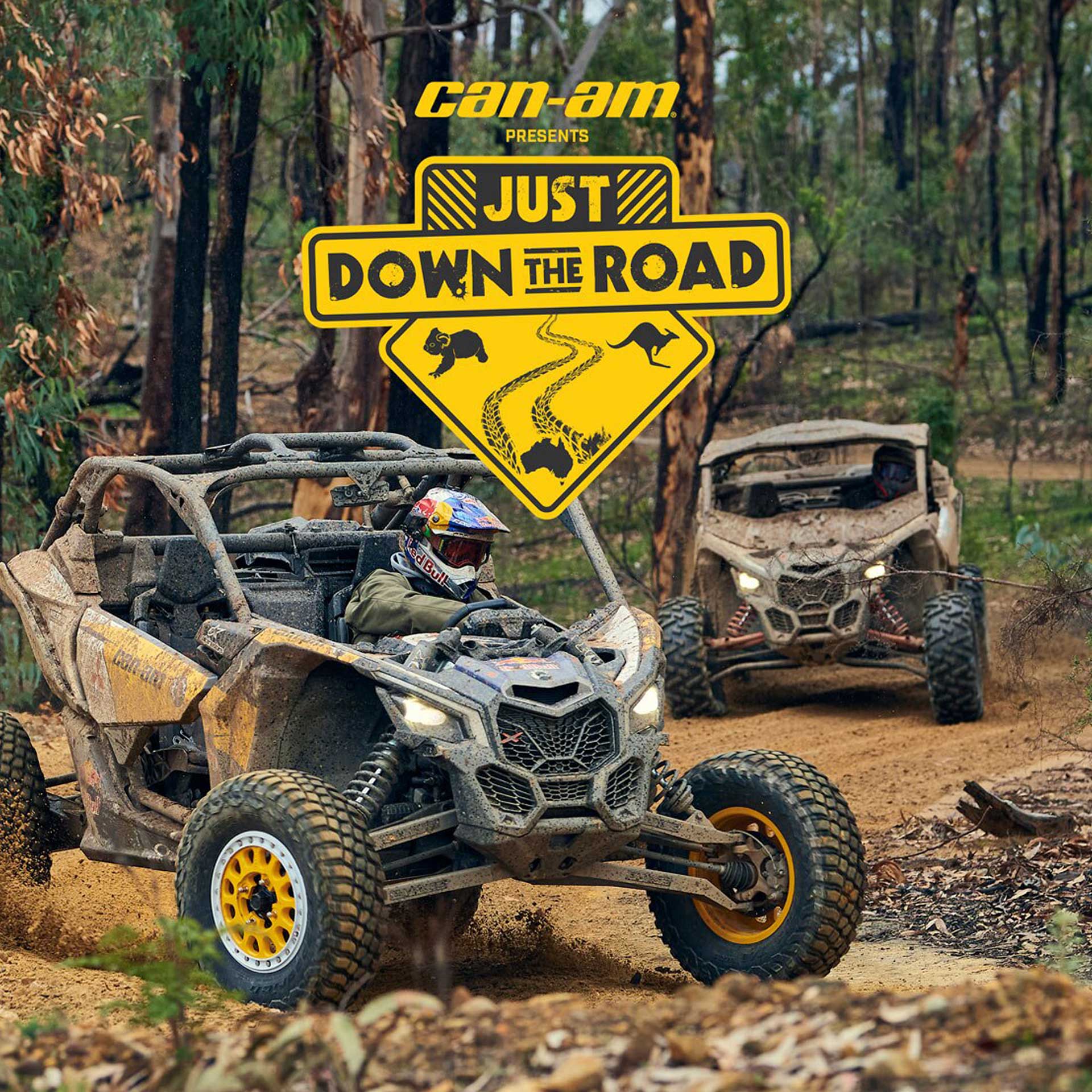 Just Down The Road episode thumbnail with Can-Am Maverick X3s on a bush track