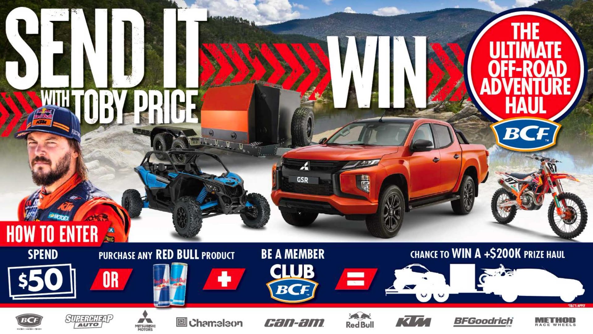Send It with Toby Price promotional artwork showing the Ultimate Off-Road Adventure Haul prizes