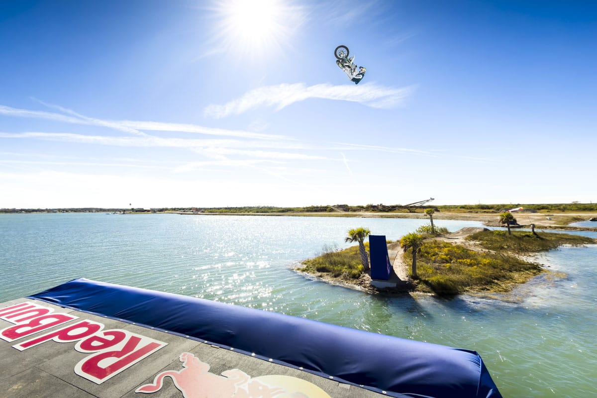 Tyler Bereman jumping between islands at Red Bull Island Hopper